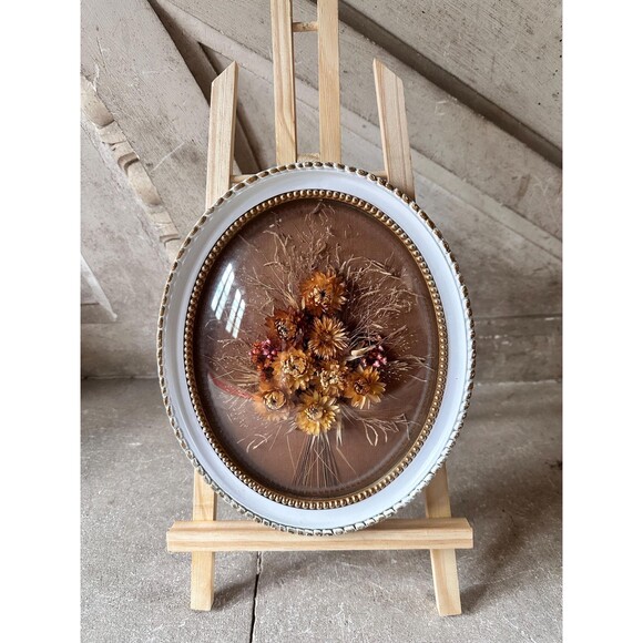Vintage French Dried Flower Art | Oval Glass Dome Frame |1970s Pressed Floral - Picture 1 of 3